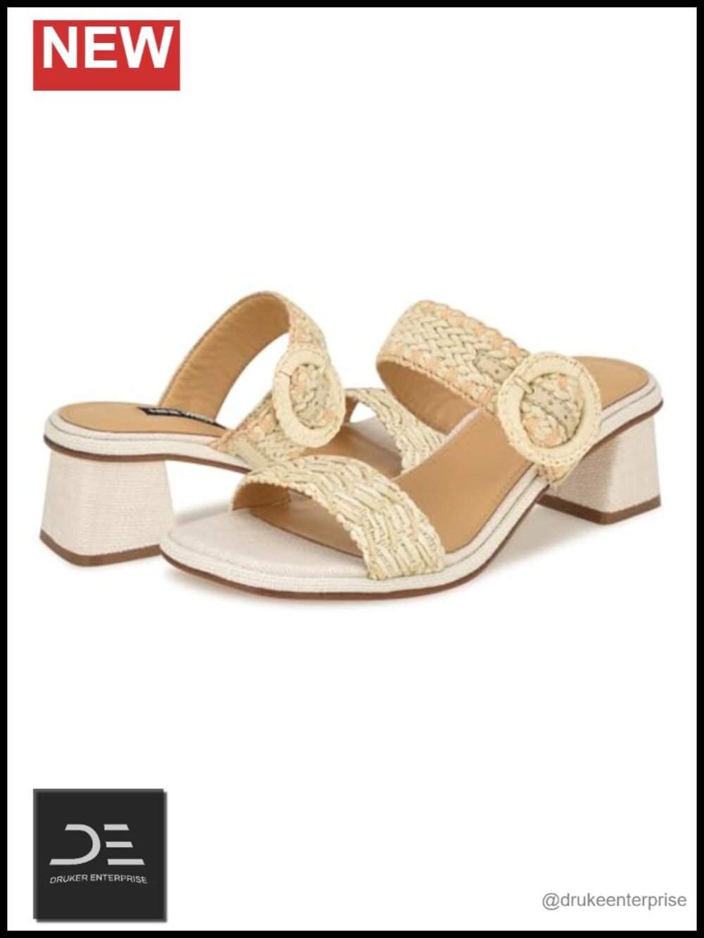 Nine West Emerey Woven Straps Mid Block Heel Sandals Slip-On PU